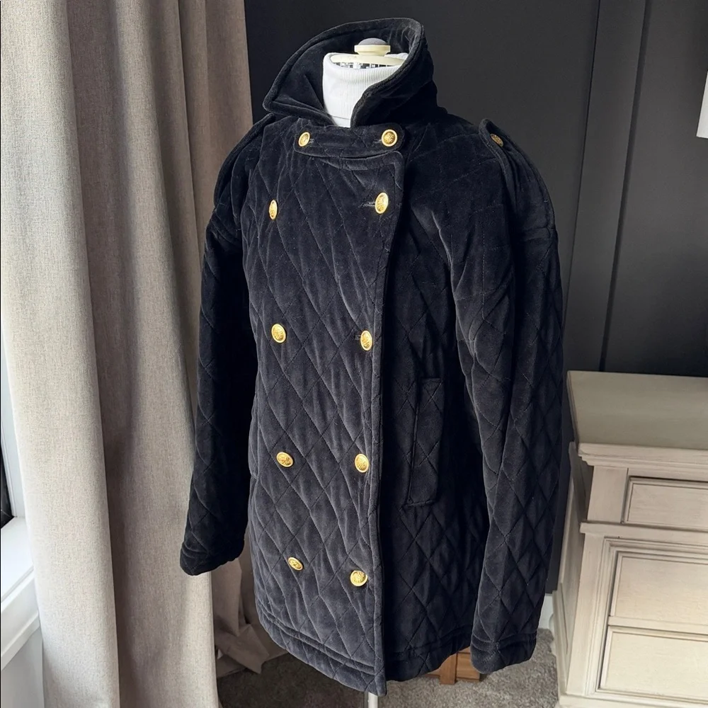 Jones New York Black Velvet Quilted Pea Coat with Gold Buttons Size PL‎